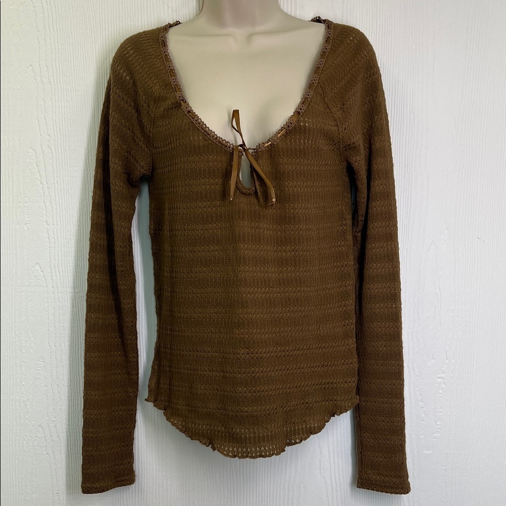 Free People - Brown Knit Tie Neckline Long Sleeve Boho Blouse Size Medium